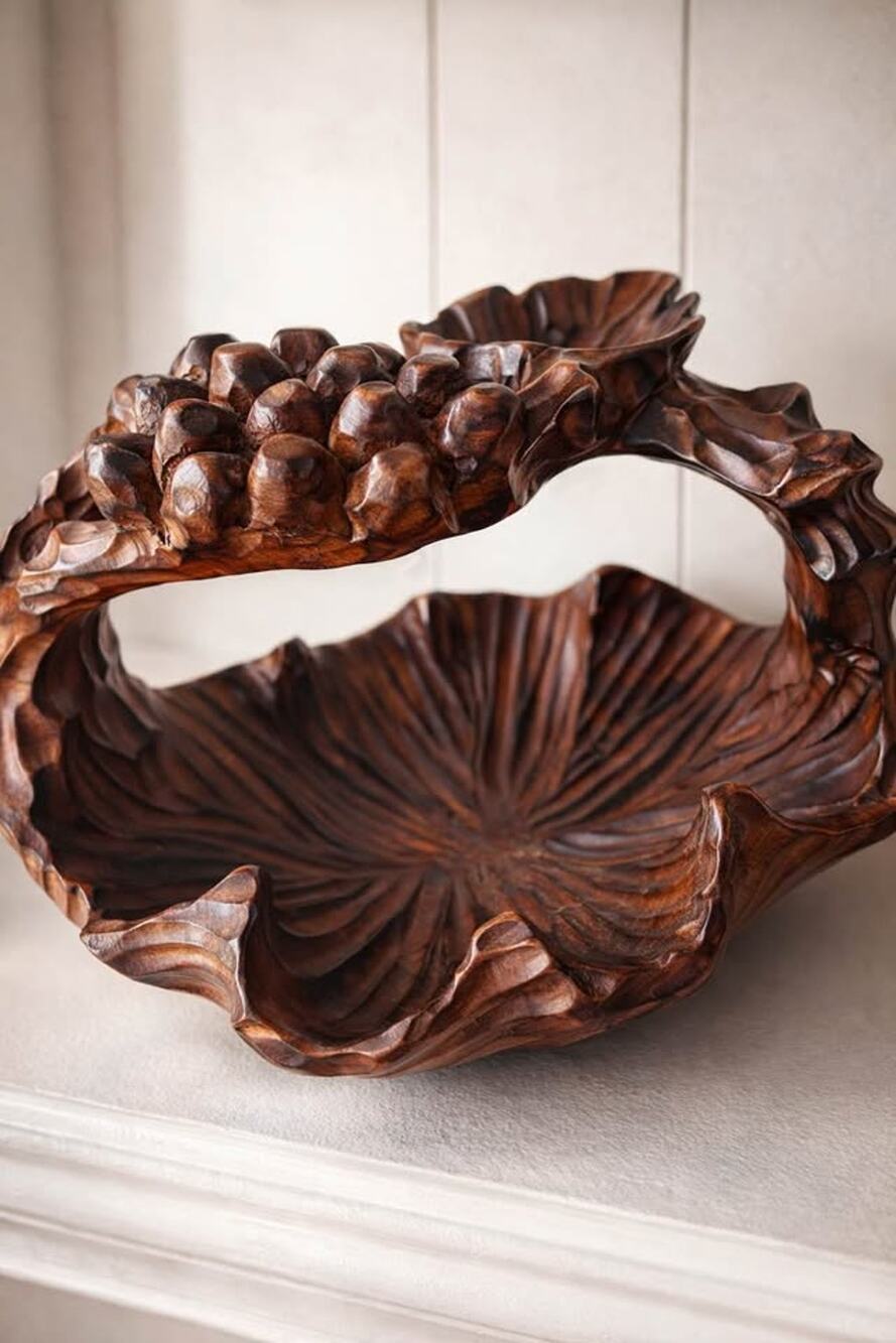 Vintage Hand Carved Monkey Pod Wood Grape Basket Philippines Island Wood